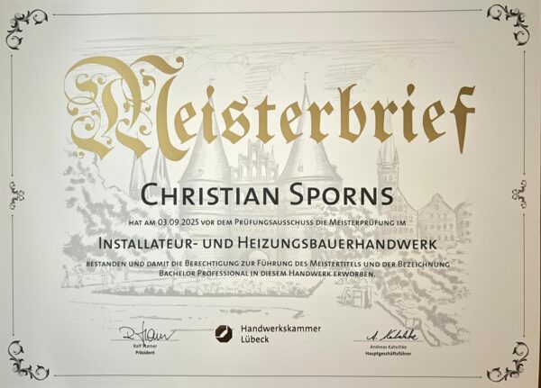 Meisterbrief von Christian Sprorns